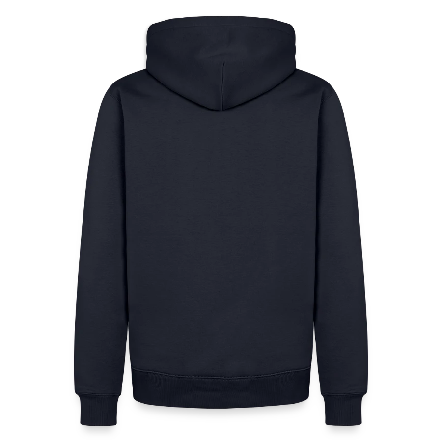 Mount Olympus badge on a men’s premium organic hoodie, navy, back
