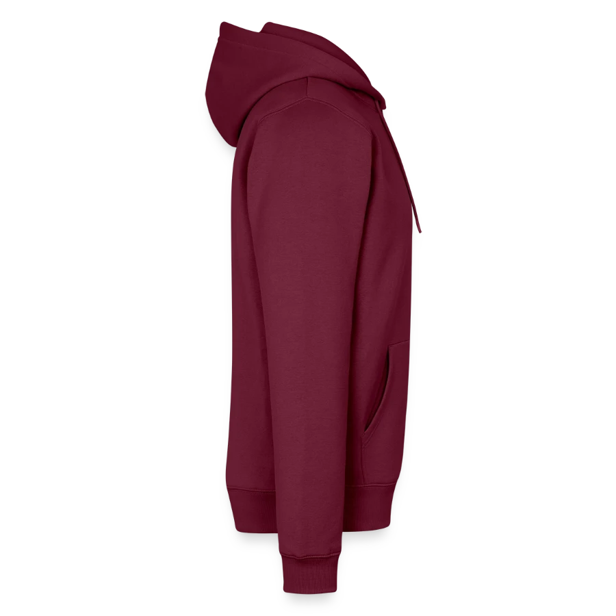 Mount Olympus badge on a men’s premium organic hoodie, burgundy, right