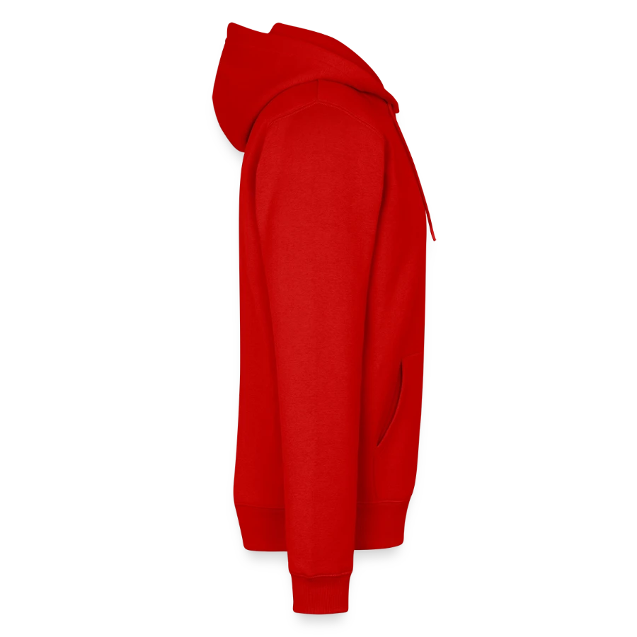 Mount Olympus badge on a men’s premium organic hoodie, red, right