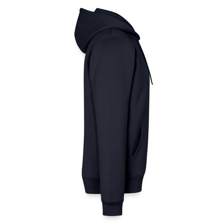 Mount Olympus badge on a men’s premium organic hoodie, navy, right