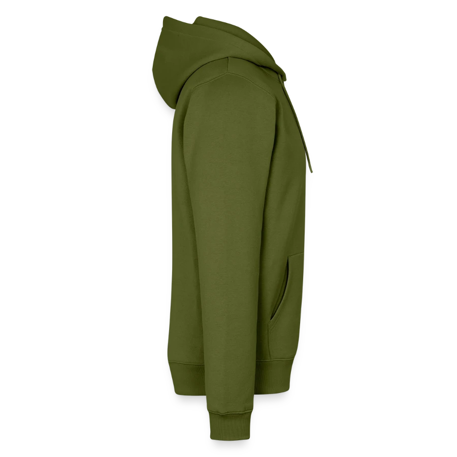 Mount Olympus badge on a men’s premium organic hoodie, khaki, right
