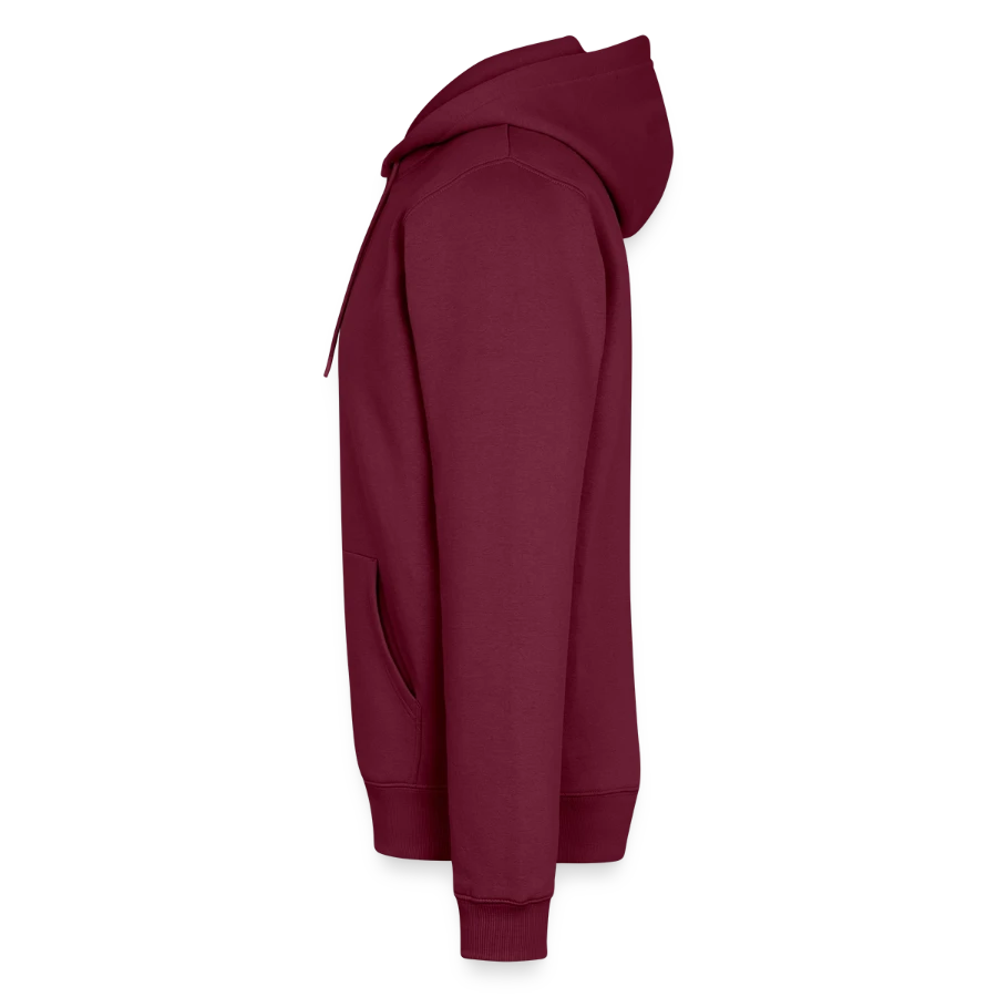 Mount Olympus badge on a men’s premium organic hoodie, burgundy, left
