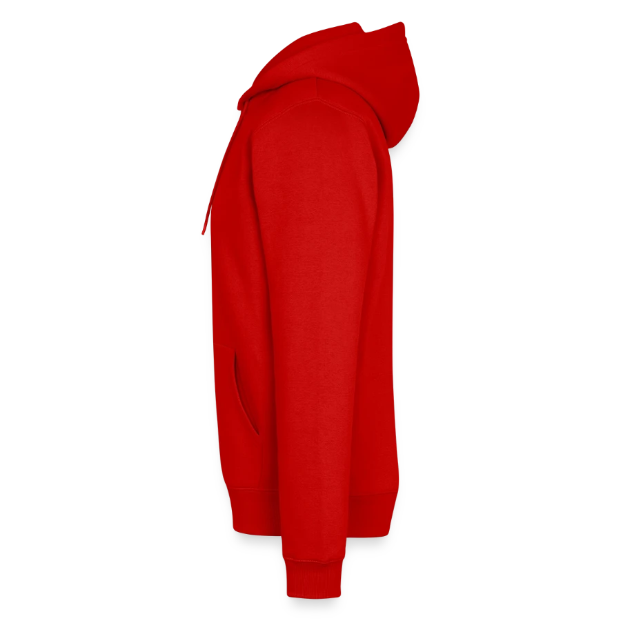 Mount Olympus badge on a men’s premium organic hoodie, red, left