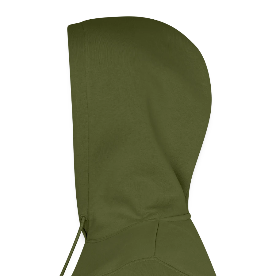 Mount Olympus badge on a men’s premium organic hoodie, khaki, hood left