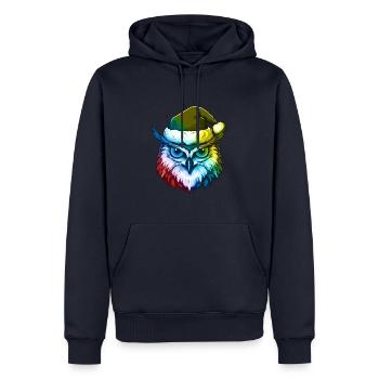 Tête de hibou Noël Portrait coloré - Sweat à capuche Premium bio Homme - bleu marine - Devant - Nico (187cm)