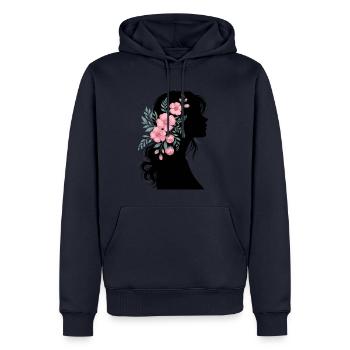 Elegante Frauensilhouette mit Blumen im Haar - Männer Premium Bio Hoodie - Navy - Vorne - Nico (187cm)