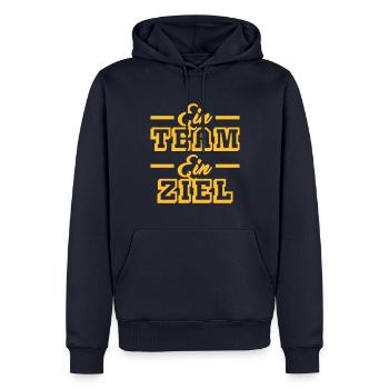 Ein Team, ein Ziel (Schriftzug) - Männer Premium Bio Hoodie - Navy - Vorne - Nico (187cm)