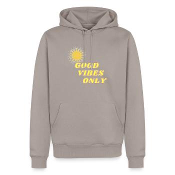 Juste de la bonne humeur ! - Sweat à capuche Premium bio Homme - taupe - Devant - Nico (187cm)