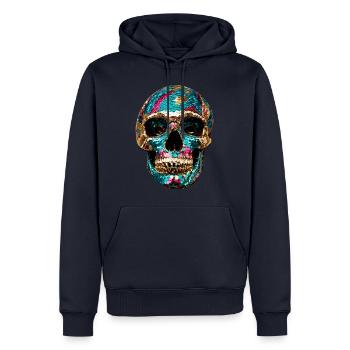Tête de mort, métallique, paillettes, rivets, or, argent - Sweat à capuche Premium bio Homme - bleu marine - Devant - Nico (187cm)