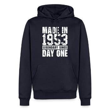 Hergestellt 1953, legendär seit dem ersten Tag - Männer Premium Bio Hoodie - Navy - Vorne - Nico (187cm)