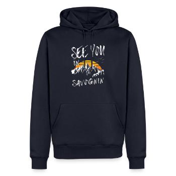 Hiking and skiing in Savognin Switzerland - Men’s Premium Organic Hoodie - navy - Front - Nico (187cm)