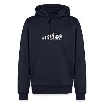 evolution plombier humour plomberie homme drole - Sweat à capuche Premium bio Homme - bleu marine - Devant - Nico (187cm)