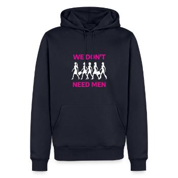 Féminisme : nous n’avons pas besoin des hommes - Sweat à capuche Premium bio Homme - bleu marine - Devant - Nico (187cm)