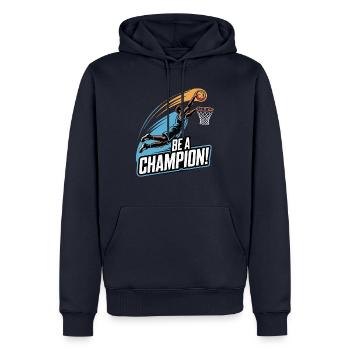 JOUER À BE A CHAMPION - Sweat à capuche Premium bio Homme - bleu marine - Devant - Nico (187cm)
