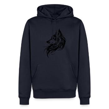 Tête de loup, Silhouette, Fan de nature animale de style tribal - Sweat à capuche Premium bio Homme - bleu marine - Devant - Nico (187cm)