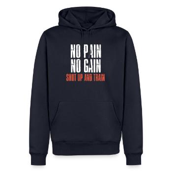NO PAIN NO GAIN - Männer Premium Bio Hoodie - Navy - Vorne - Nico (187cm)