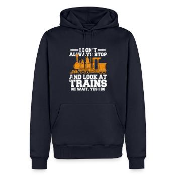 Je ne m’arrête pas toujours et je regarde les trains - Sweat à capuche Premium bio Homme - bleu marine - Devant - Nico (187cm)