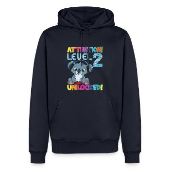 Attention Niveau 2 Anniversaire débloqué - Sweat à capuche Premium bio Homme - bleu marine - Devant - Nico (187cm)