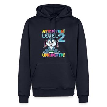 Attention Niveau 2 Anniversaire débloqué - Sweat à capuche Premium bio Homme - bleu marine - Devant - Nico (187cm)