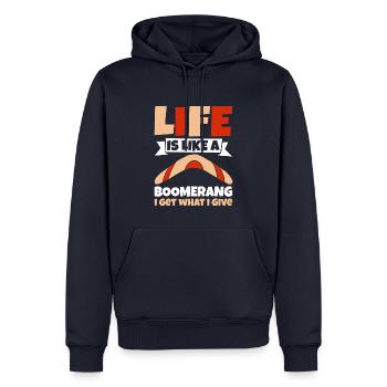 La vie est comme un boomerang que je reçois ce que je donne - Sweat à capuche Premium bio Homme - bleu marine - Devant - Nico (187cm)