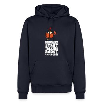 Peut spontanément commencer à parler de poulets - Sweat à capuche Premium bio Homme - bleu marine - Devant - Nico (187cm)