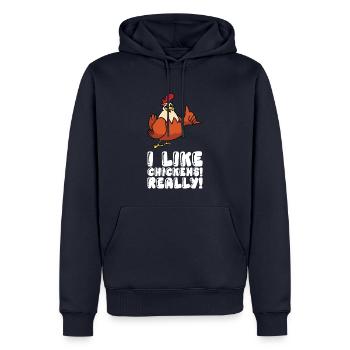 J’aime beaucoup les poulets - Sweat à capuche Premium bio Homme - bleu marine - Devant - Nico (187cm)