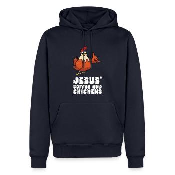 Jésus, le café et les poulets - Sweat à capuche Premium bio Homme - bleu marine - Devant - Nico (187cm)