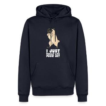 J’aime vraiment les carlins ok - Sweat à capuche Premium bio Homme - bleu marine - Devant - Nico (187cm)