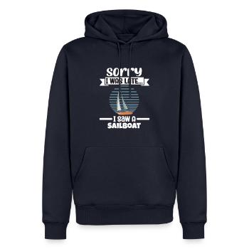 Voilier désolé d’être en retard, j’ai vu un voilier - Sweat à capuche Premium bio Homme - bleu marine - Devant - Nico (187cm)