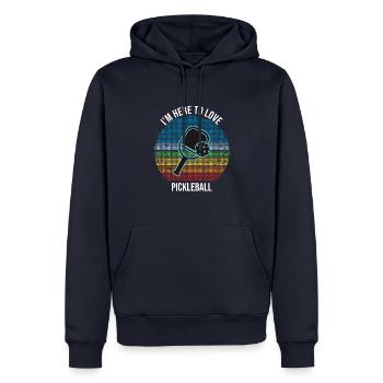Je suis ici pour aimer le pickleball - Sweat à capuche Premium bio Homme - bleu marine - Devant - Nico (187cm)