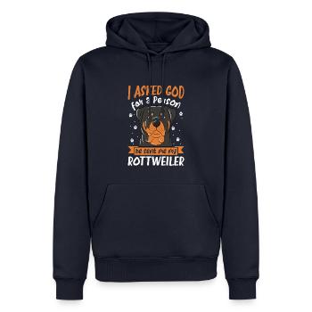 J’ai demandé à Dieu une personne qu’il m’a envoyé mon rottweiler - Sweat à capuche Premium bio Homme - bleu marine - Devant - Nico (187cm)