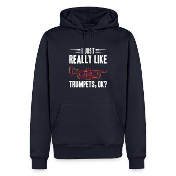 J’aime vraiment les trompettes ok - Sweat à capuche Premium bio Homme - bleu marine - Devant - Nico (187cm)