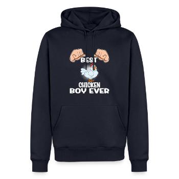 Drôle de poulet disant poulet - Sweat à capuche Premium bio Homme - bleu marine - Devant - Nico (187cm)