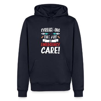 Drôles de cadeaux d’infirmière - Sweat à capuche Premium bio Homme - bleu marine - Devant - Nico (187cm)
