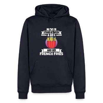 Frites drôles Frites drôles - Sweat à capuche Premium bio Homme - bleu marine - Devant - Nico (187cm)
