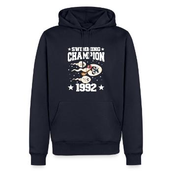 1992 Anniversaire 32 ans - Sweat à capuche Premium bio Homme - bleu marine - Devant - Nico (187cm)