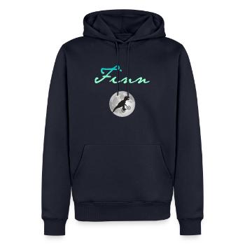 FINN - Beau prénom de garçon avec dinosaure - Sweat à capuche Premium bio Homme - bleu marine - Devant - Nico (187cm)