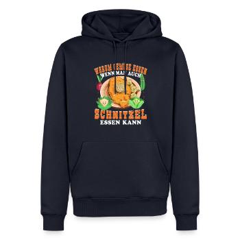 Schnitzel Warum Gemüse essen? - Männer Premium Bio Hoodie - Navy - Vorne - Nico (187cm)