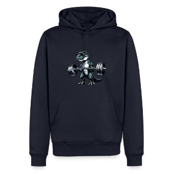 Cooler Dino T-Rex Workout Hantel-Training Design - Männer Premium Bio Hoodie - Navy - Vorne - Nico (187cm)