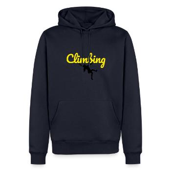 arrampicata, bouldering, arrampicata, montagna, alpinismo - Felpa con cappuccio ecologica premium da uomo - blu navy - Fronte - Nico (187cm)