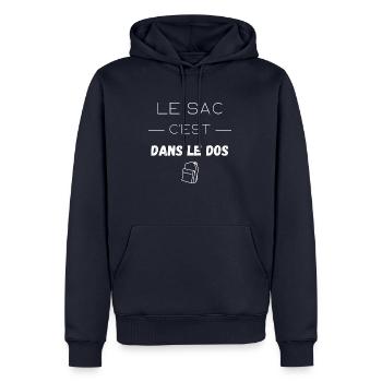 Le sac c est dans le dos - Sweat à capuche Premium bio Homme - bleu marine - Devant - Nico (187cm)