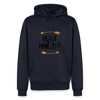 Sprüche Prost Mahlzeit - Männer Premium Bio Hoodie - Navy - Vorne - Nico (187cm)