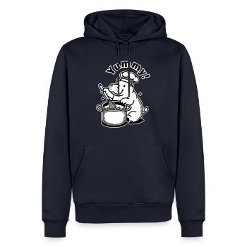 Hippopotame mignon préparant un repas - « Miam ! » Concevoir - Sweat à capuche Premium bio Homme - bleu marine - Devant - Nico (187cm)