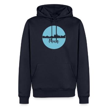 thun,skyline,graffiti, coupe à ciseaux,bleu,suisse - Sweat à capuche Premium bio Homme - bleu marine - Devant - Nico (187cm)
