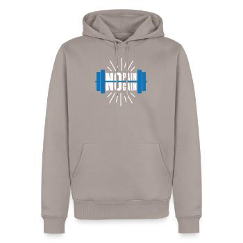 NO PAIN NO GAIN - Männer Premium Bio Hoodie - Taupe - Vorne - Nico (187cm)