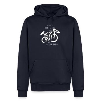 Warum ich ohne Akku fahre? - Männer Premium Bio Hoodie - Navy - Vorne - Nico (187cm)