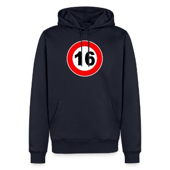 16e anniversaire - 16 - célébration - panneau routier bouclier - Sweat à capuche Premium bio Homme - bleu marine - Devant - Nico (187cm)