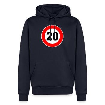 20e anniversaire - 20 - Célébration - Panneau de rue - Sweat à capuche Premium bio Homme - bleu marine - Devant - Nico (187cm)
