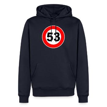 53e anniversaire - 53 - Célébration - Panneau de rue - Sweat à capuche Premium bio Homme - bleu marine - Devant - Nico (187cm)