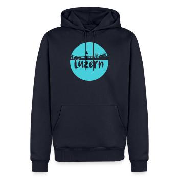 luzern,skyline, rond, coup de cisaille, bleu - Sweat à capuche Premium bio Homme - bleu marine - Devant - Nico (187cm)